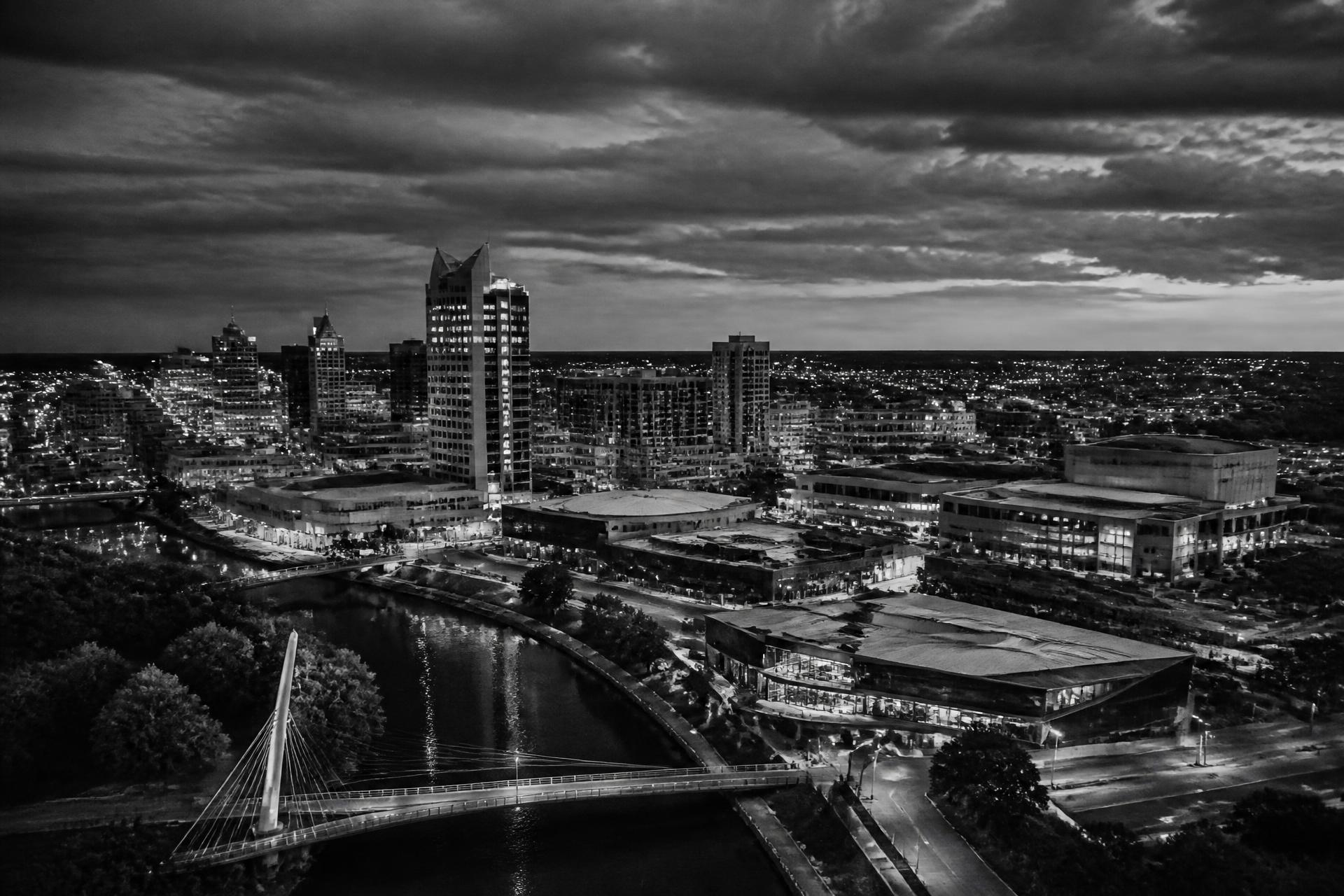 Wichita skyline at dusk in monochrome