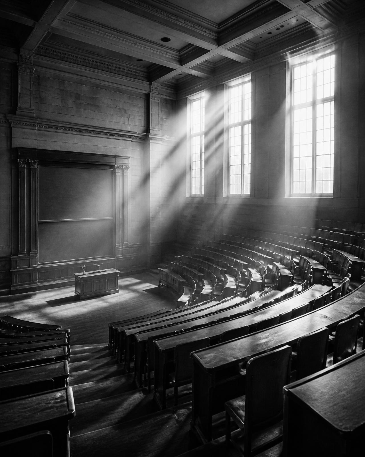 Empty lecture hall lit by tall windows